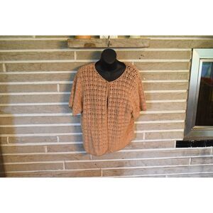 Tan brown Crochet Short sleeve cardigan boho beaded open knit XL vintage summer